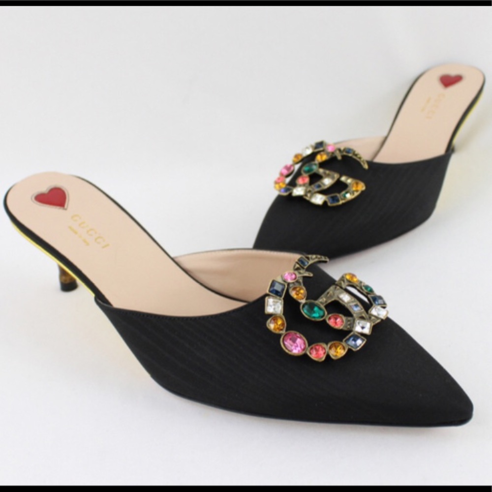 Gucci NIB Black Fabric Unia Crystal Logo Vamp Bamboo Heel Mules Shoes Sz 39 US 9